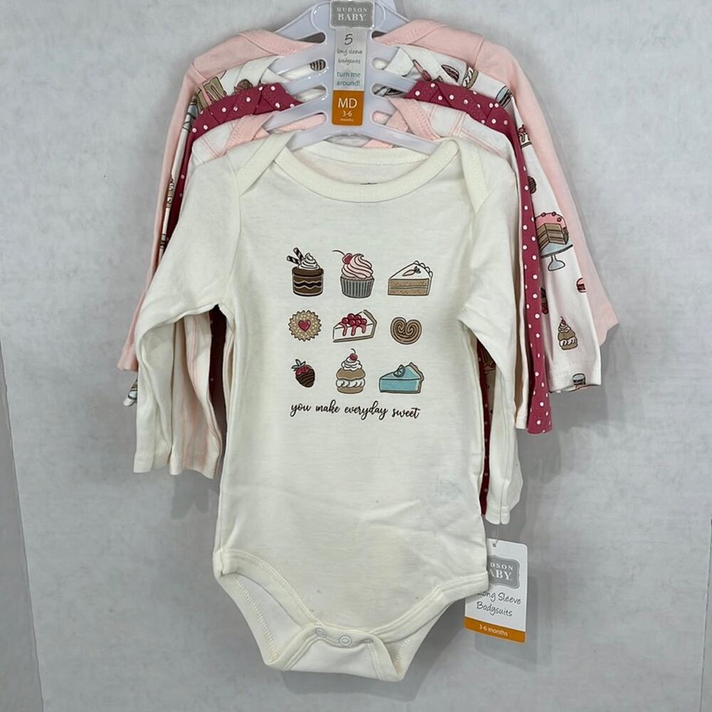 Hudson Baby Bodysuits 5 Piece Creeper Set 3-6 Months Long Sleeve Beige Pink